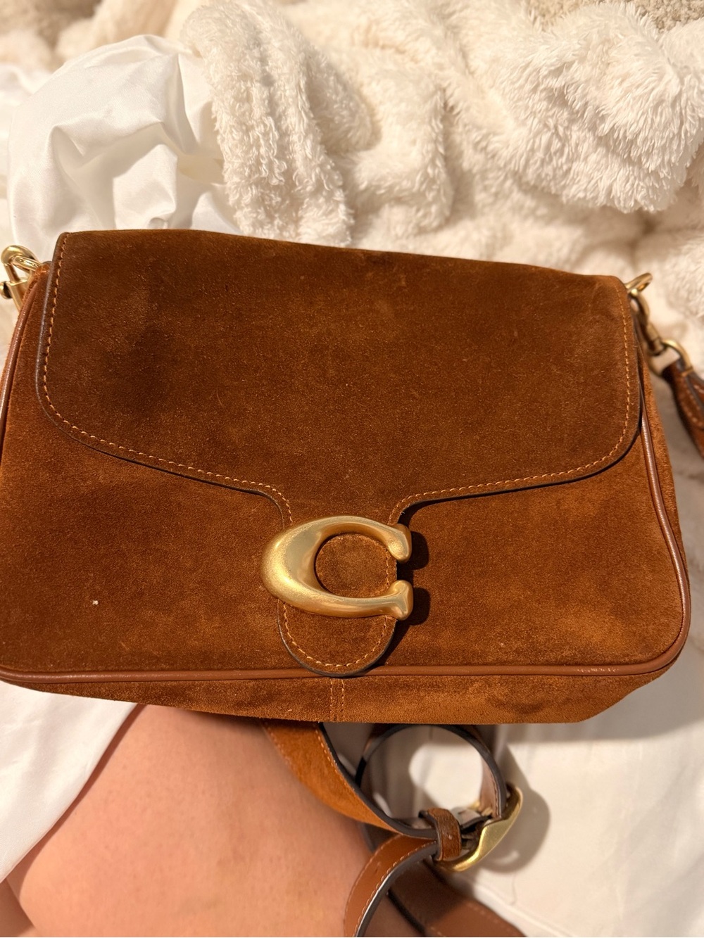 Coach Brown Suede Crossbody Bag with Gold 'C' Clasp